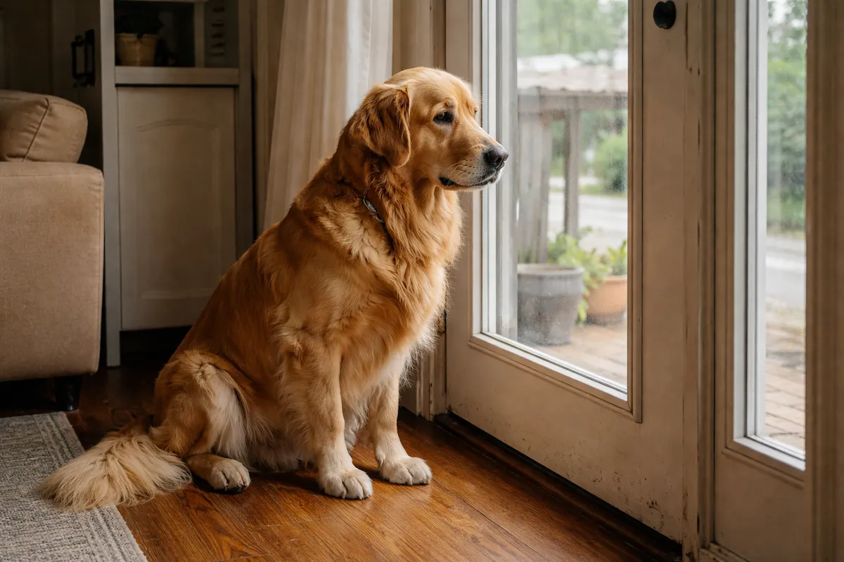 Golden Retriever looking anxious when left alone at home