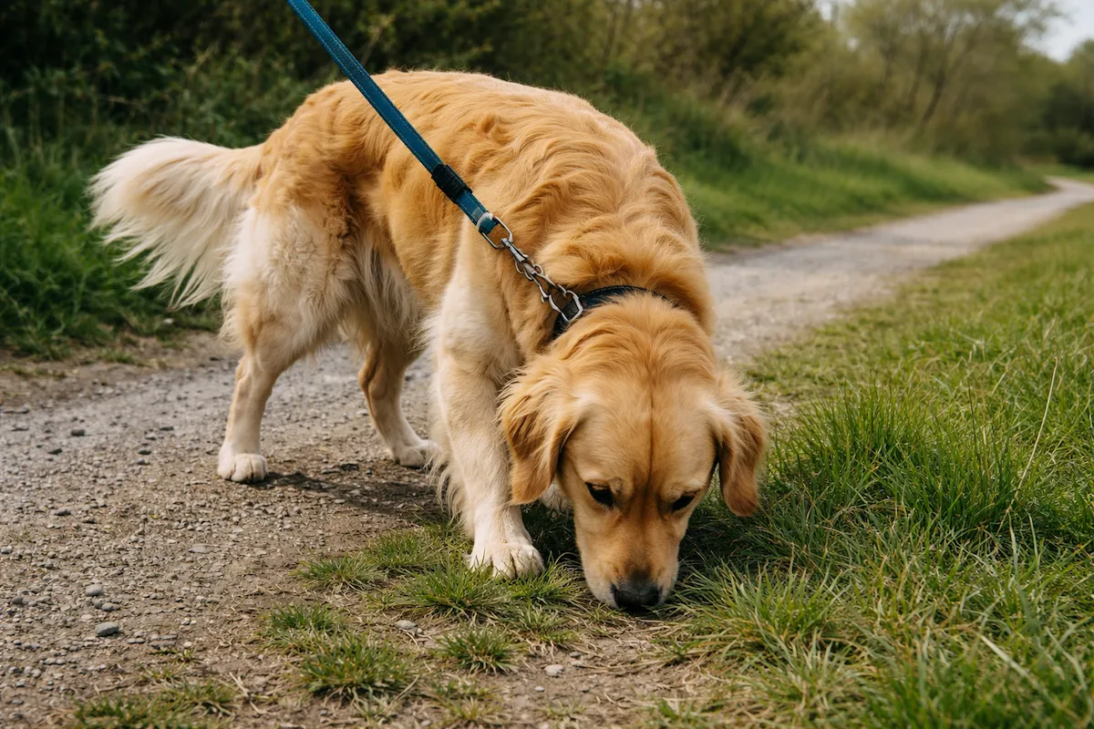 Golden Retriever sniffing ground and ignoring owner