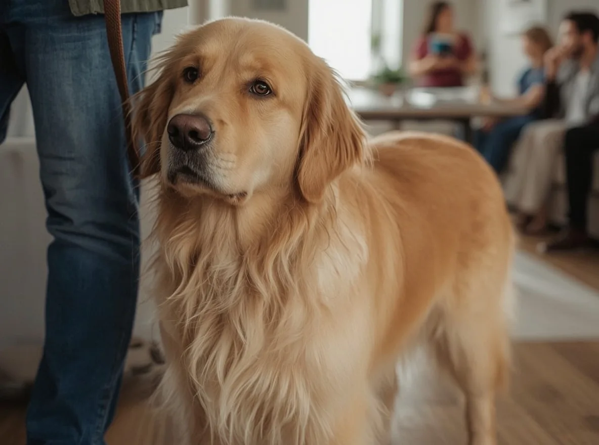 Golden Retriever standing next to owner indoors