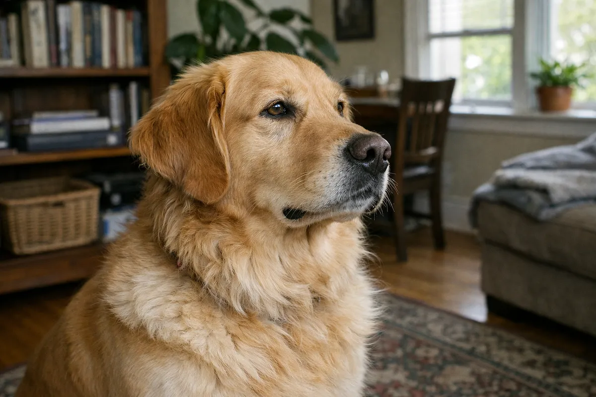 Golden Retriever staring into space indoors