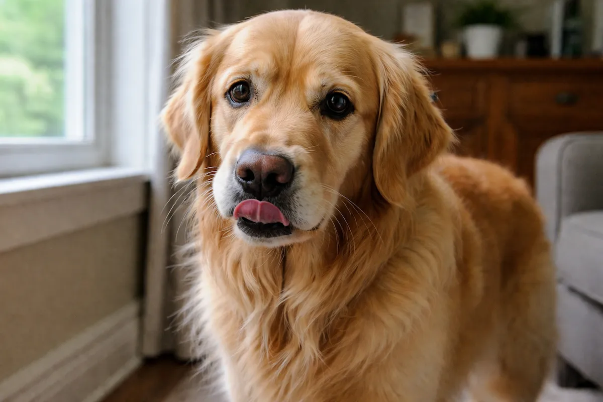 Golden Retriever showing subtle stress signals like lip licking and still posture