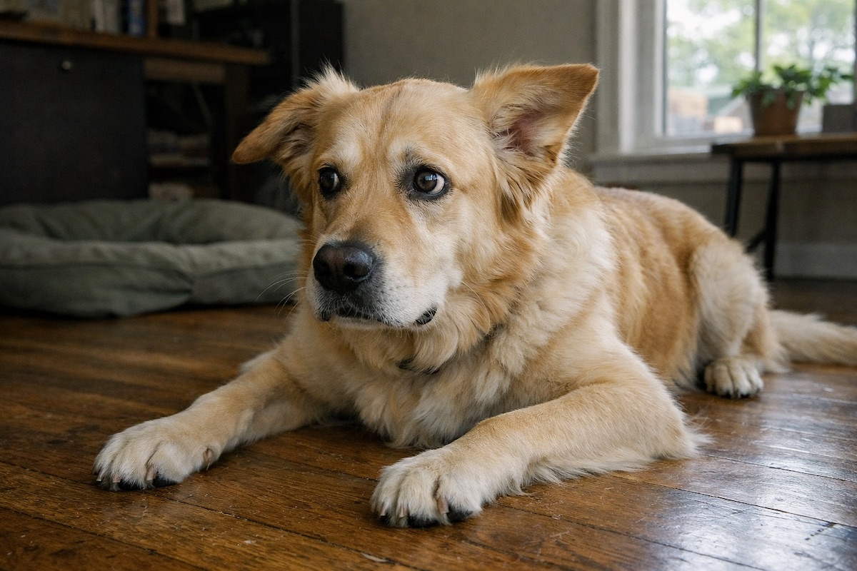 A Golden Retriever lying indoors with alert ears and tense posture while watching the environment