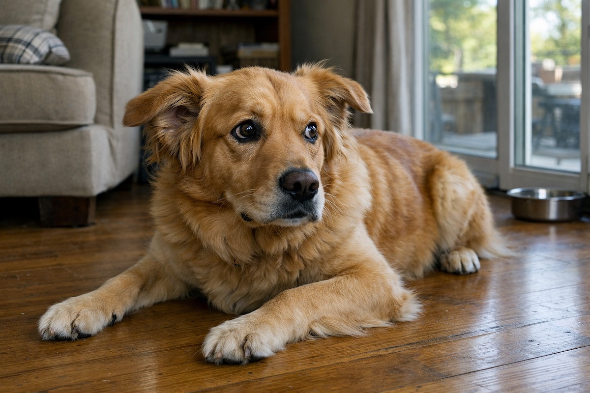 Golden Retriever looking anxious indoors