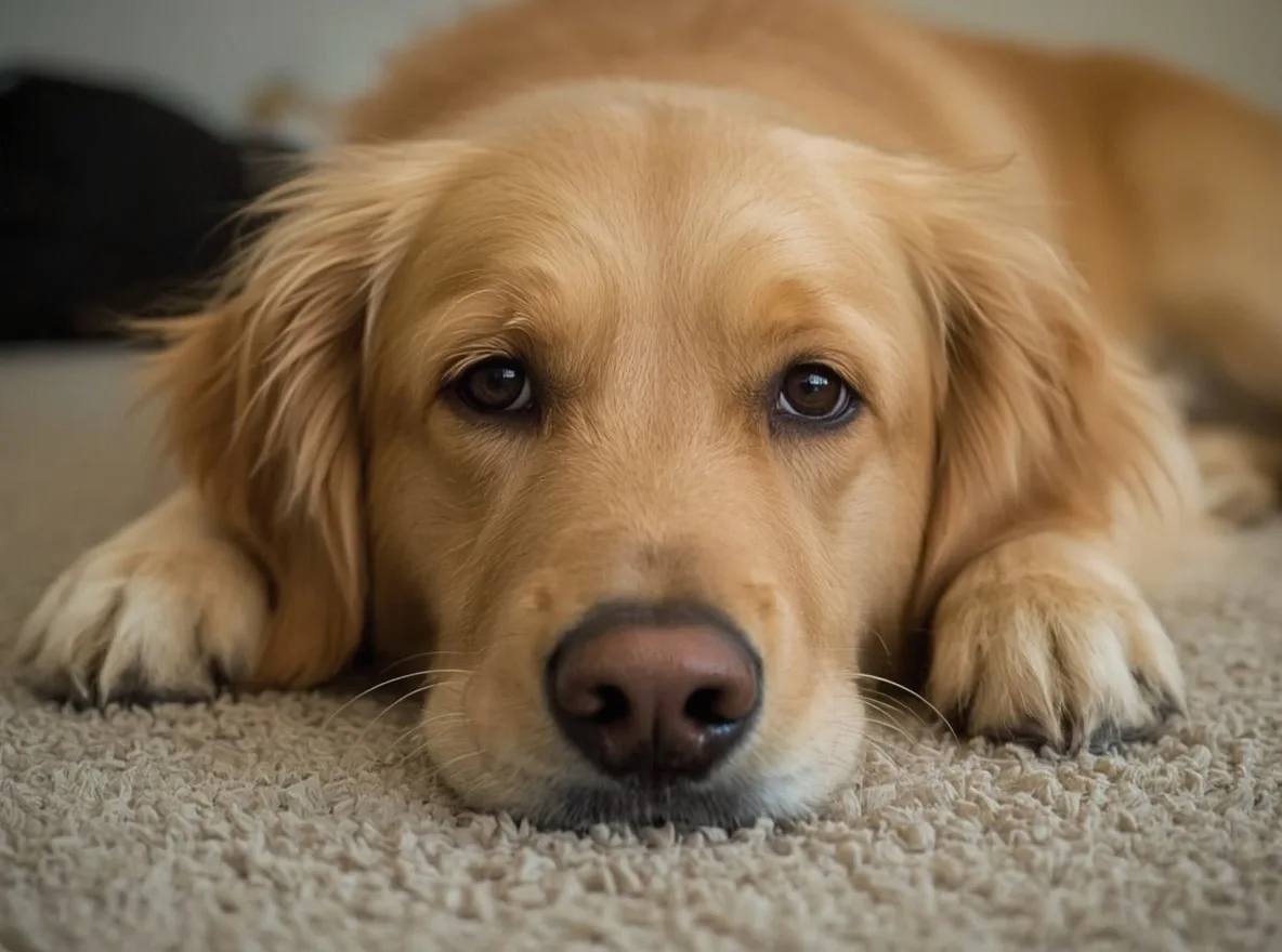 Golden Retriever with tired expression but active behavior