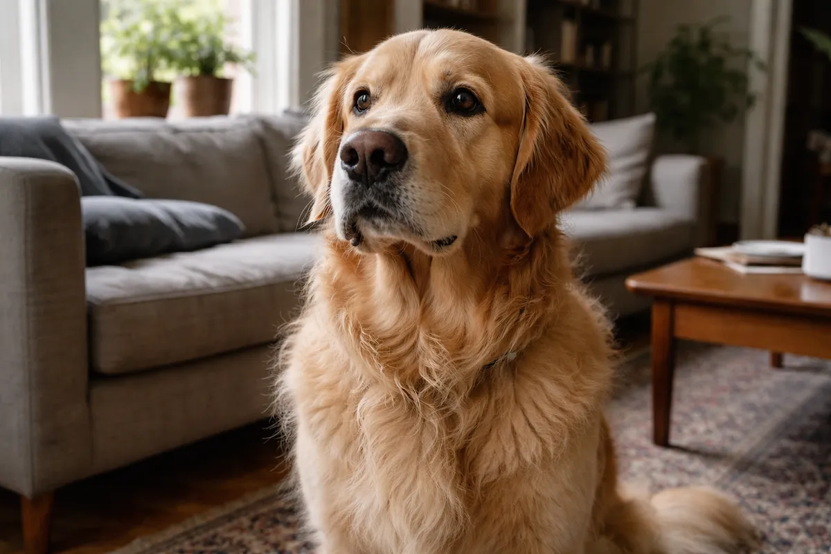 Golden Retriever quietly watching surroundings while overstimulated