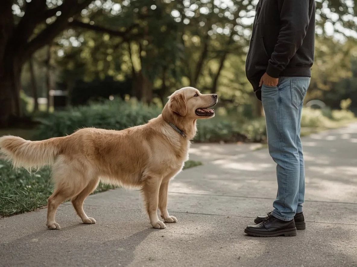 Golden Retriever distracted by movement outdoors