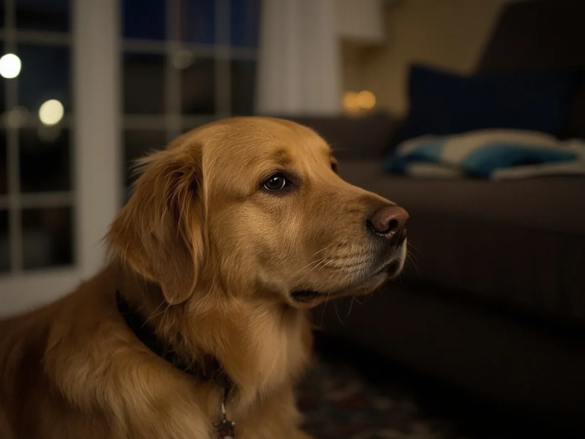 Golden Retriever watching owner in the evening instead of resting