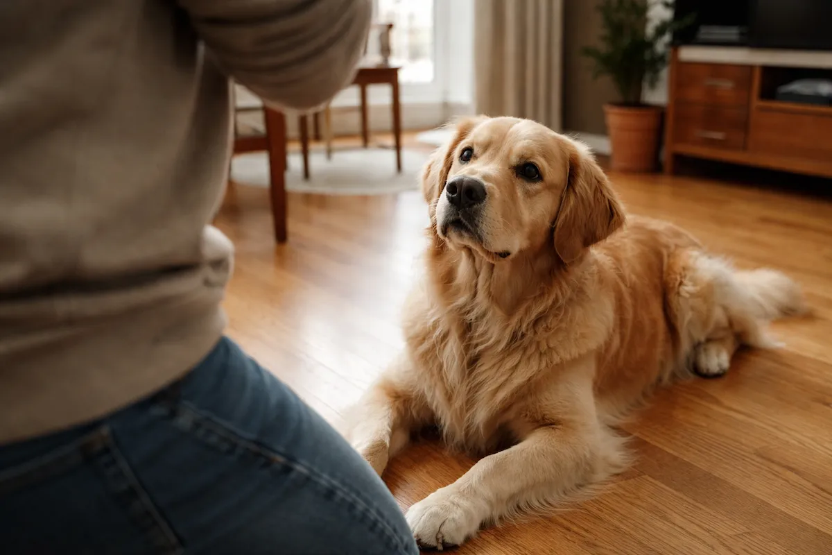 Golden Retriever lying down while watching owner closely