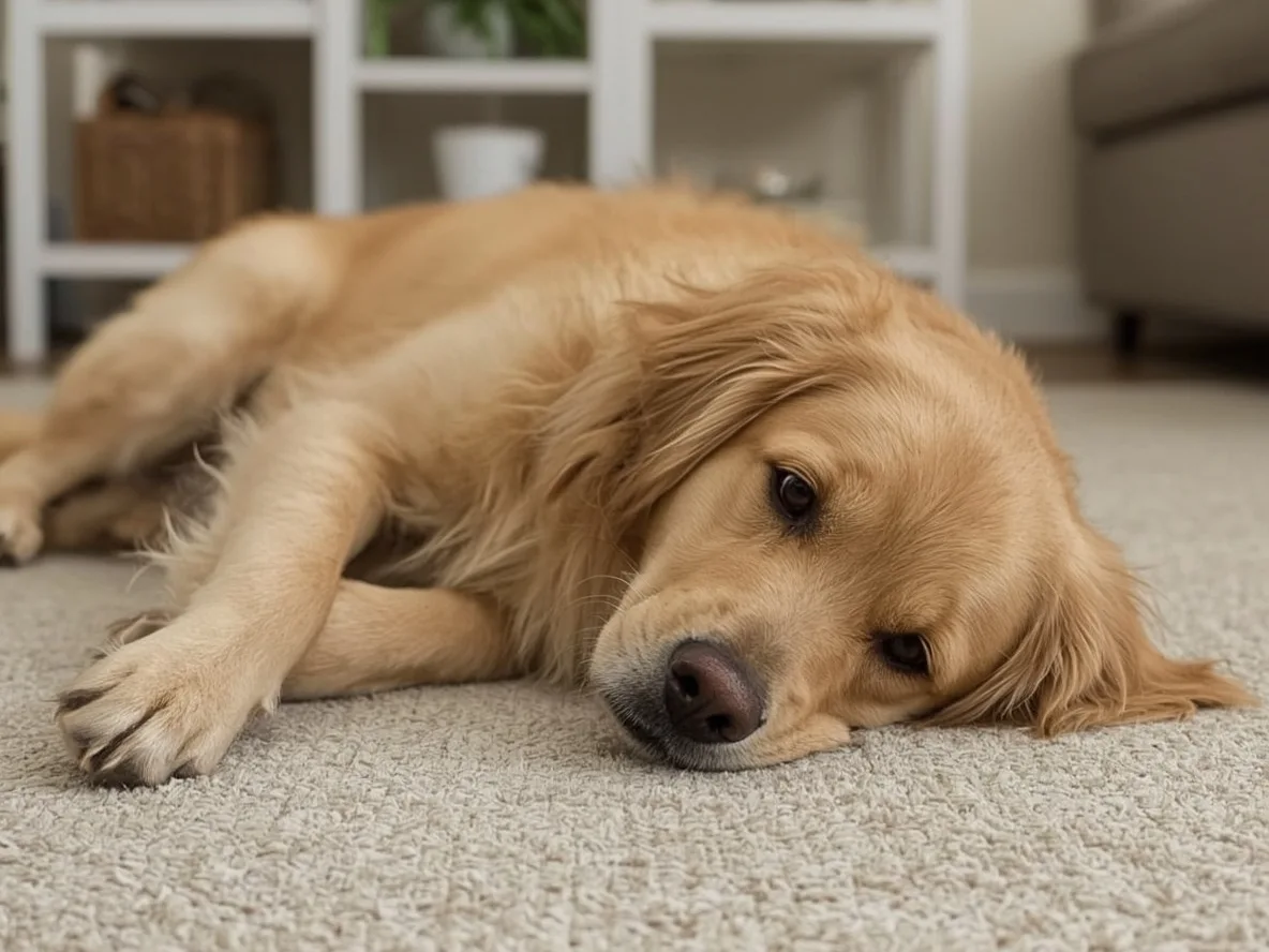 Golden Retriever watching owner instead of resting