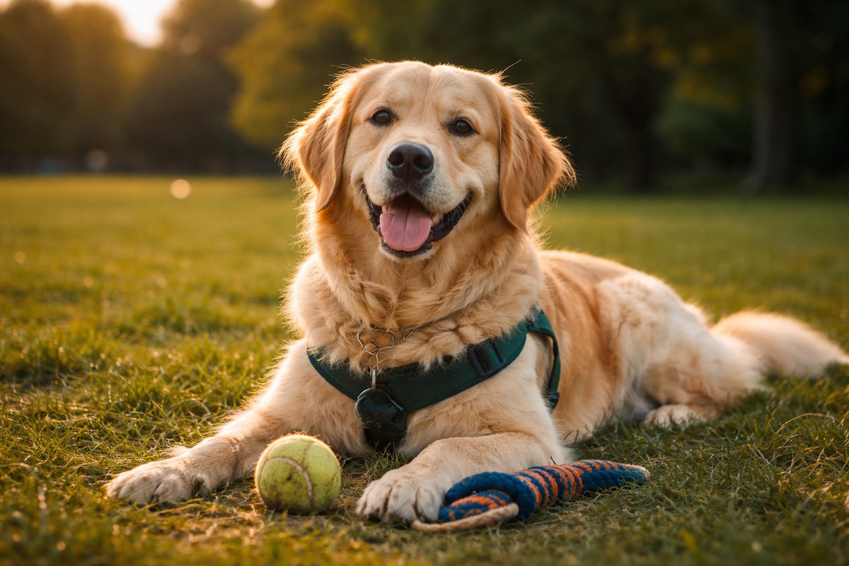Intelligent dog Labrador resting calmly after activity